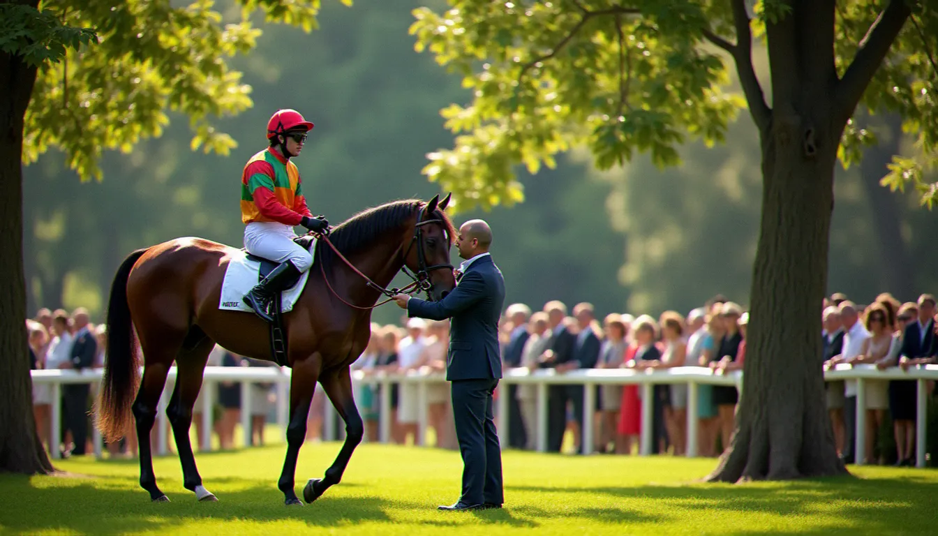 Vue dans le paddock d'un hippodrome français lors d'une grande journée de course, jockey en selle sur un pur-sang entouré de spectateurs élégants en tenue estivale