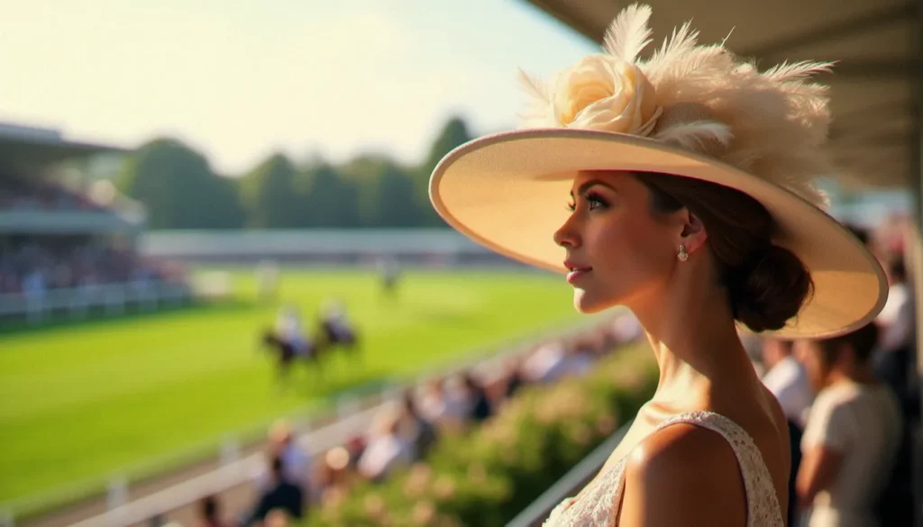 photo prix de diane 2026 featured Portrait d'une femme élégante portant un chapeau fleuri dans les tribunes d'un hippodrome lors du Prix de Diane 2026, illustration d'une photo événementielle haut de gamme