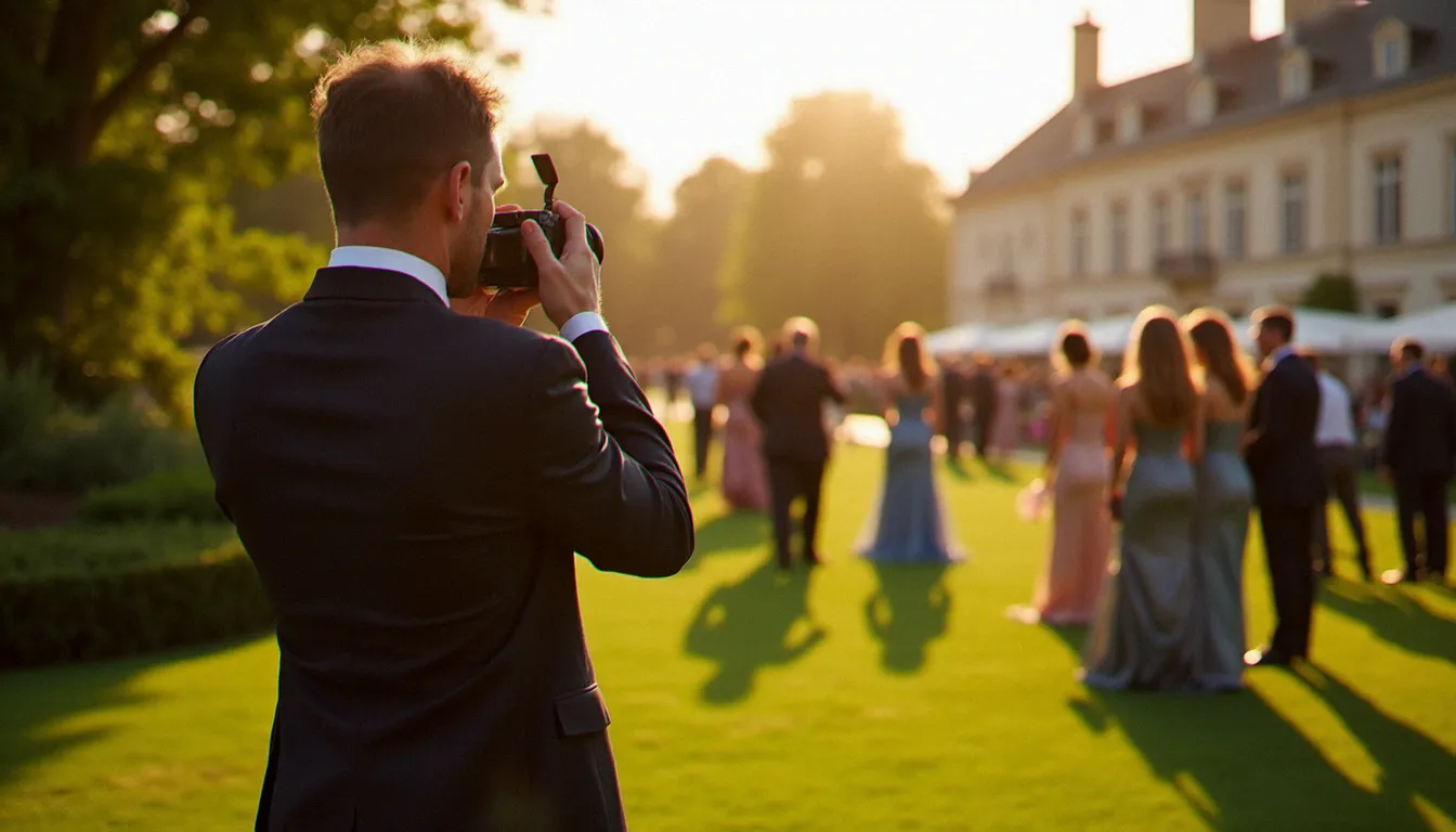 Photographe professionnel en action lors d'un reportage au Prix de Diane, capturant des invités en tenue de prestige sous la lumière dorée de Chantilly
