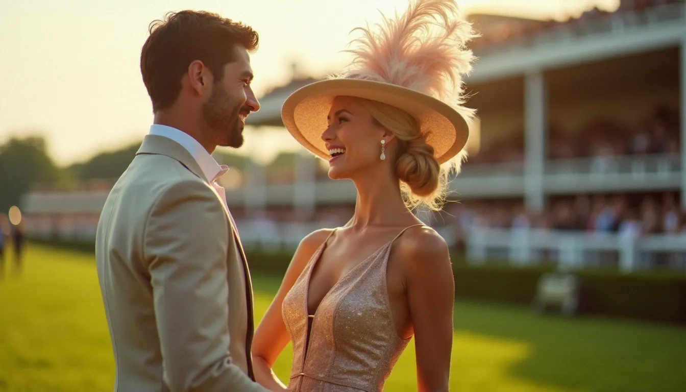 Couple élégant en tenue de gala au Prix de Diane de Chantilly, femme avec chapeau de créateur, lumière dorée de fin d'après-midi — photo Prix de Diane réalisée par un photographe professionnel