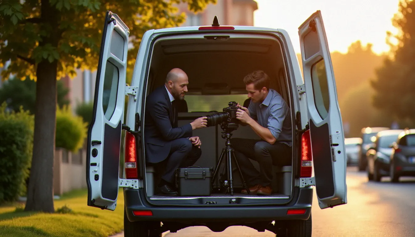 Photographe mariage chargeant son matériel dans un véhicule utilitaire avant un déplacement pour un mariage, frais kilométriques et prix de l'essence en ligne de mire
