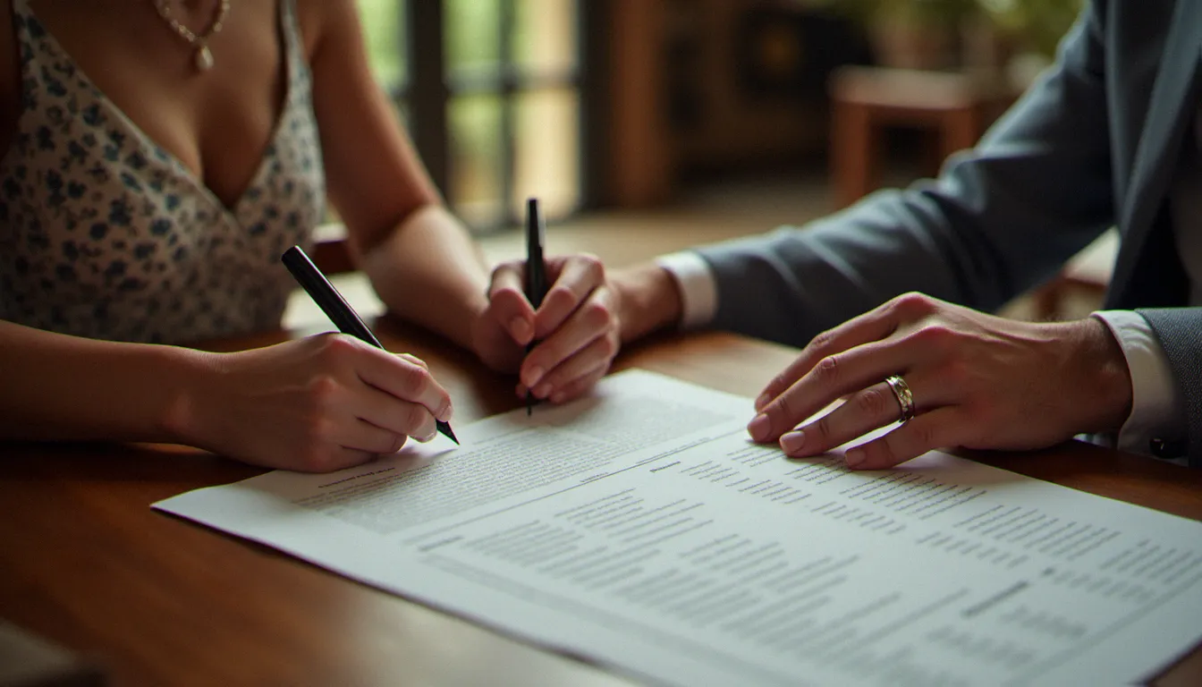 Futurs mariés signant un contrat avec leur photographe incluant les frais de déplacement liés au prix de l'essence