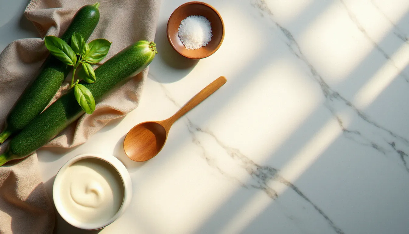 Mise en scène de photographie culinaire avec des accessoires pour recette de courgette à la crème, disposés sur fond de marbre blanc à la lumière naturelle