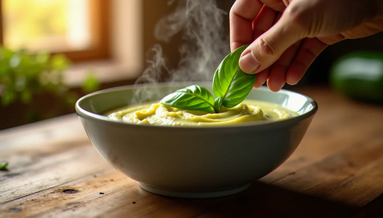 Main déposant une feuille de basilic sur un bol de courgette à la crème encore fumant, lumière dorée de fin d'après-midi dans une cuisine