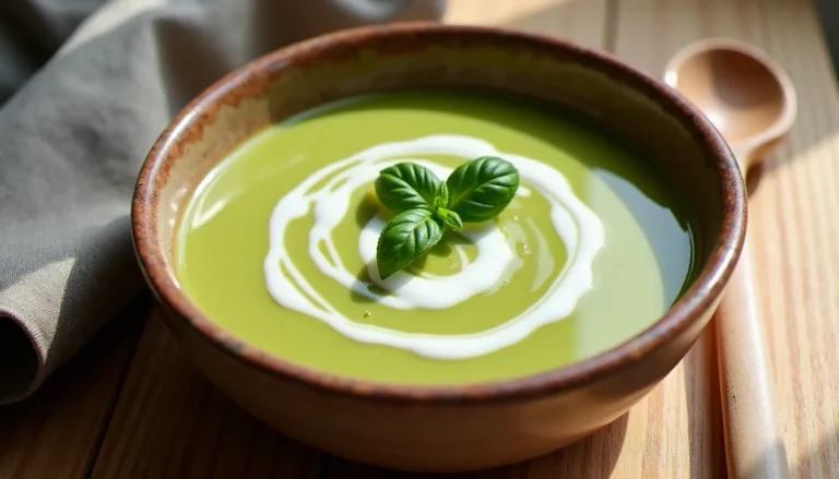 Photo d'une recette de courgette à la crème servie dans un bol en céramique rustique, éclairée à la lumière naturelle sur une table en bois