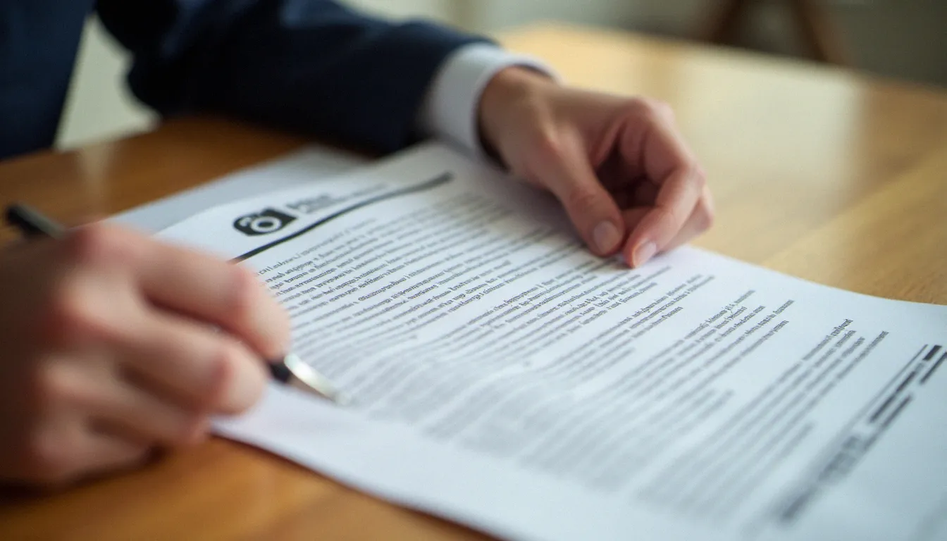 Mains d'une personne lisant attentivement un contrat de licence photographique posé sur une table en bois, illustrant la lecture des droits d'auteur d'une photo