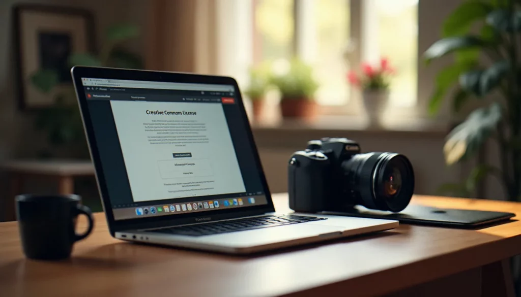photo sans droit dauteur featured Espace de travail d'un photographe professionnel avec laptop affichant une page de licence photo sans droit d'auteur et un appareil photo posé sur le bureau
