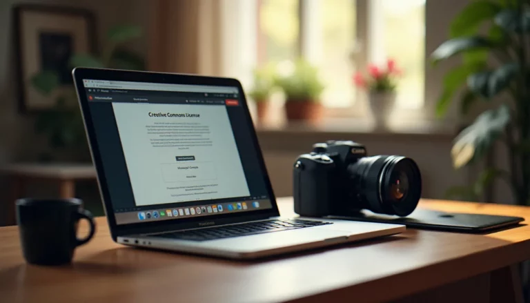 Espace de travail d'un photographe professionnel avec laptop affichant une page de licence photo sans droit d'auteur et un appareil photo posé sur le bureau
