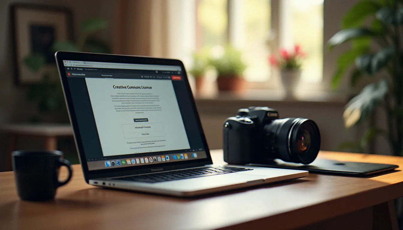 Espace de travail d'un photographe professionnel avec laptop affichant une page de licence photo sans droit d'auteur et un appareil photo posé sur le bureau