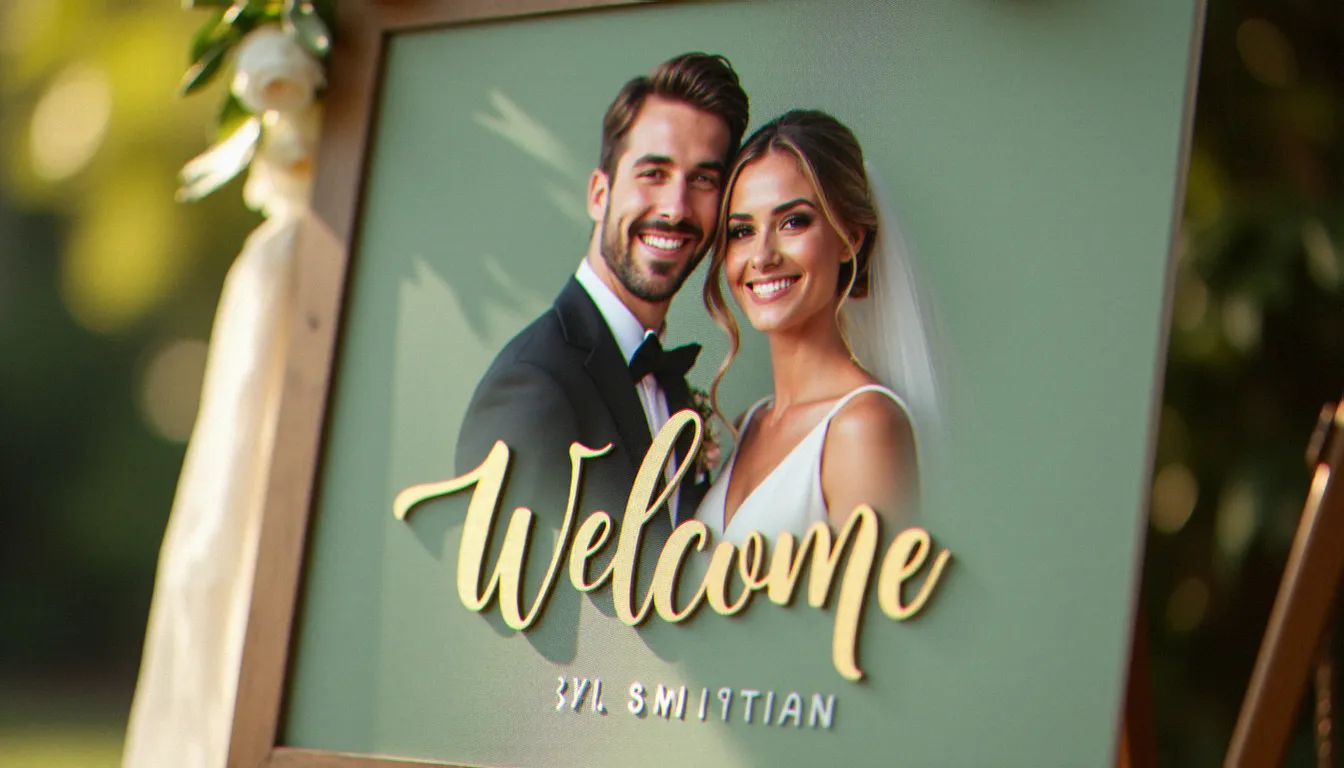Panneau de bienvenue mariage avec photo sans fond des mariés et prénoms en calligraphie dorée sur fond vert sauge