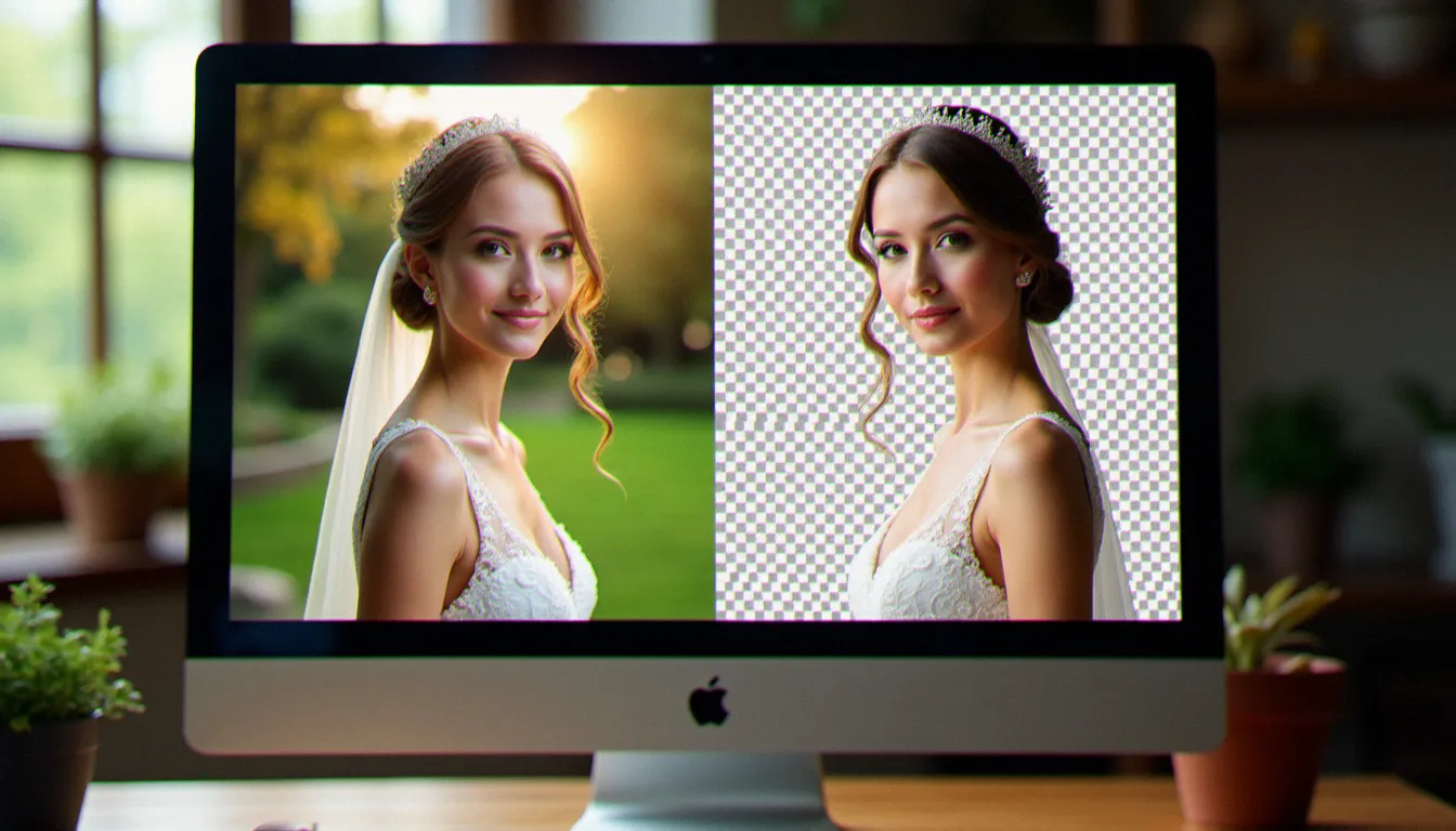 Comparaison avant-après d'une photo de mariée avec et sans fond dans le logiciel Photoshop sur écran professionnel