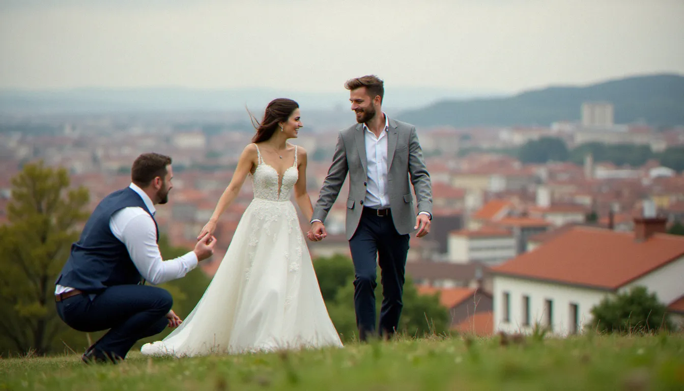 Photographe de mariage capturant un couple en trois-quarts sur les hauteurs de Lyon, approche de photo sans profil en mouvement naturel