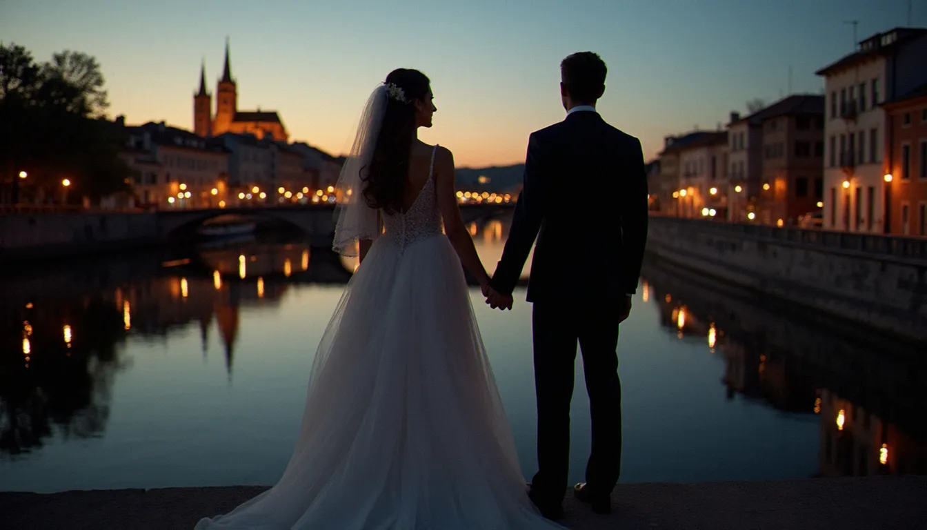 Mariés photographiés de dos face à la Basilique de Fourvière au crépuscule, exemple de photo sans profil et vue poétique depuis les quais de Lyon