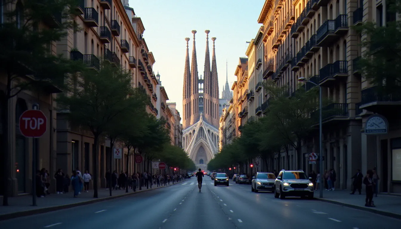 Vue depuis l'Avinguda de Gaudí encadrant les tours de la Sagrada Família entre les immeubles de l'Eixample à l'aube, un jogger solitaire au loin