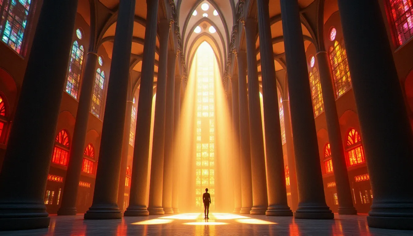 Intérieur de la Sagrada Família avec colonnes-arbres et lumière colorée traversant les vitraux, silhouette d'un visiteur dans un rayon de lumière orange
