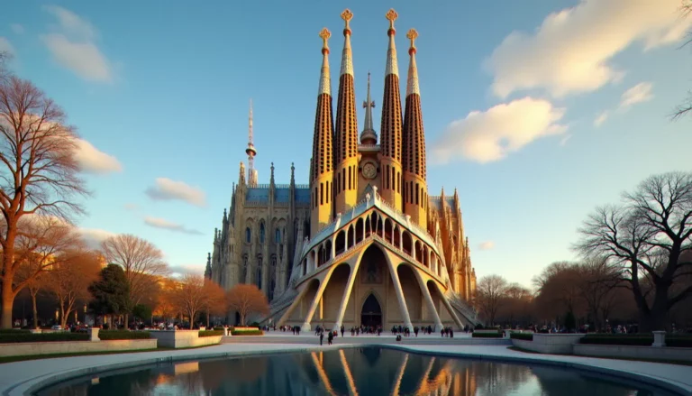 Photos de Sagrada Família à l'heure dorée du matin, façade de la Nativité baignée de lumière chaude avec reflet dans le bassin de la Plaça de Gaudí
