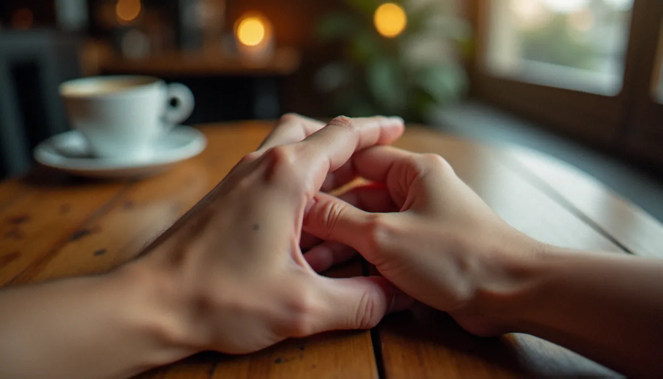 Mains enlacées d'un couple sur une table de café en lumière naturelle, symbole des détails intimes que capturent les photos de couple authentiques