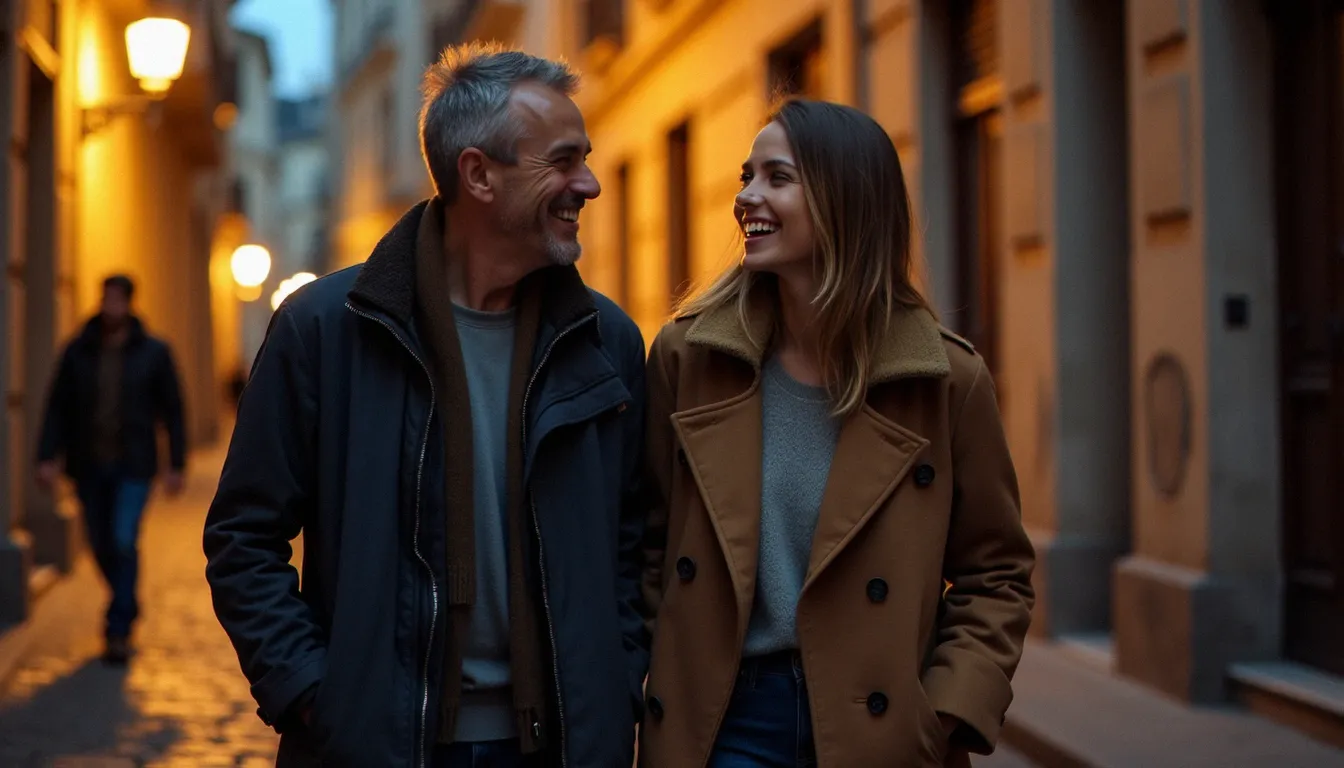 Photographe discret en arrière-plan capturant un moment de rire authentique entre deux amoureux dans une vieille ville française au crépuscule