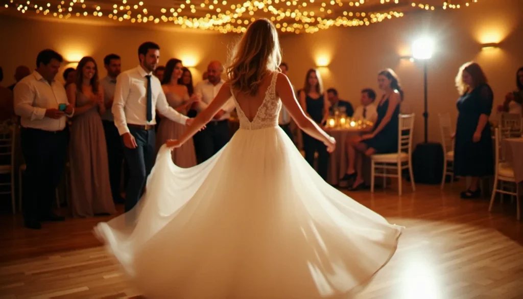 pourquoi photo avec mouvement featured Photo avec mouvement d'une mariée qui tourbillonne sur la piste de danse lors d'une soirée de mariage à Lyon, sa robe blanche en flou cinétique soyeux