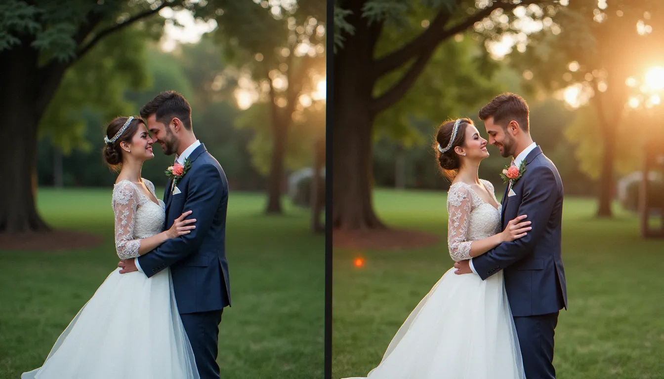 Comparaison visuelle entre une photo de mariés en format JPEG avec artefacts et la même image en HEIC haute qualité sur un écran d'ordinateur