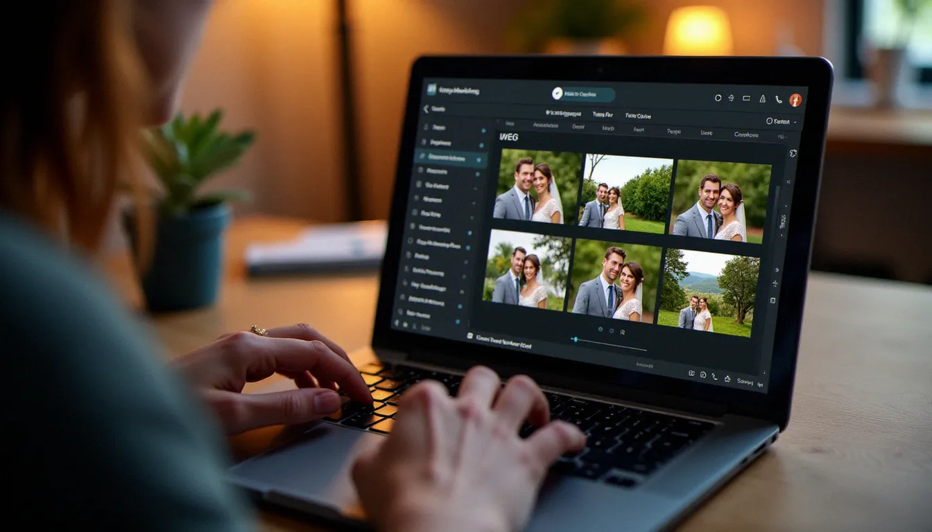 Une personne convertissant des fichiers HEIC en JPEG sur ordinateur portable, avec des vignettes de photos de mariage visibles à l'écran