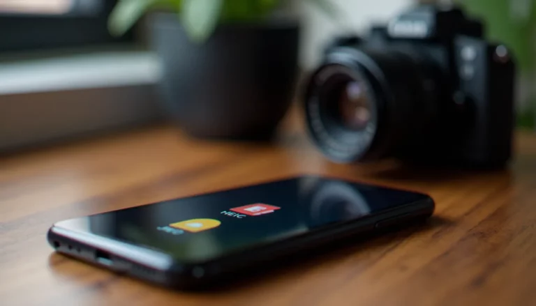 Comparaison d'une photo en HEIC et d'un fichier JPEG sur un smartphone posé sur un bureau en bois, illustrant pourquoi les photos sont au format HEIC