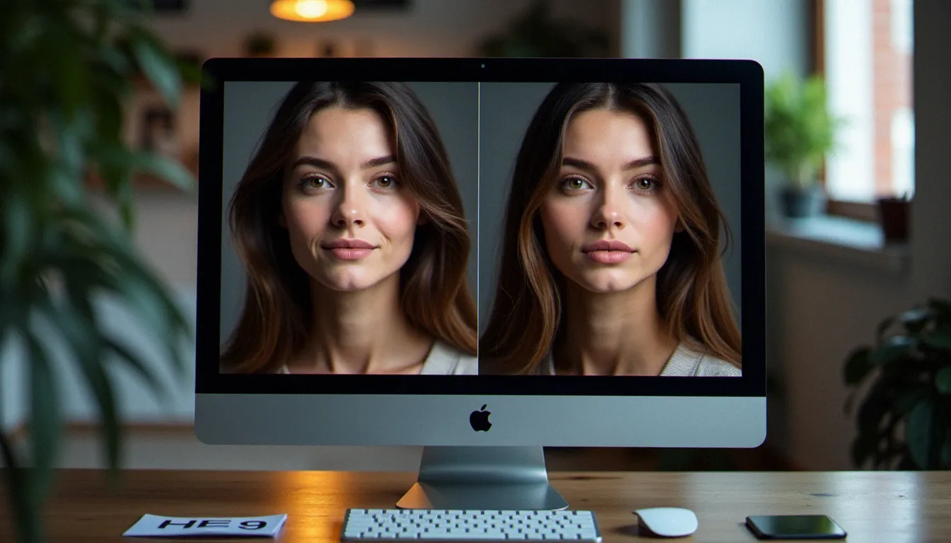 Comparaison visuelle sur écran d'ordinateur entre une photo en format HEIC et la même image en JPEG, montrant la différence de qualité et de taille de fichier