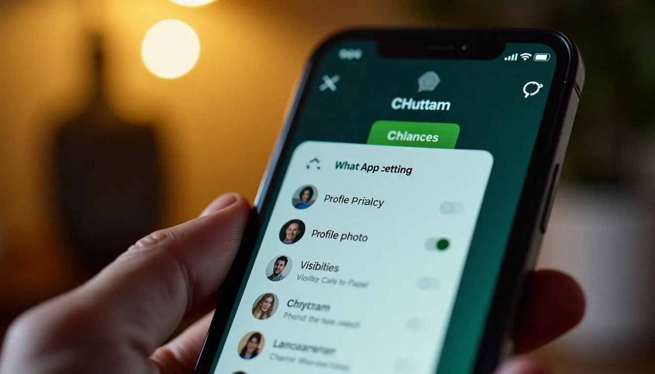 Écran de smartphone montrant les paramètres de confidentialité WhatsApp pour la photo de profil, paramètre de visibilité de photo WhatsApp
