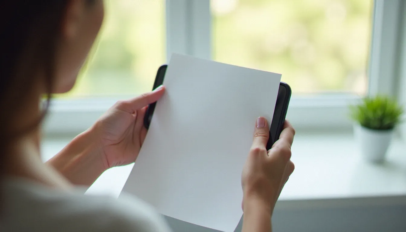 Main tenant un document officiel blanc sous une lumière naturelle douce, le photographiant avec un smartphone Android affichant une application de scan de document