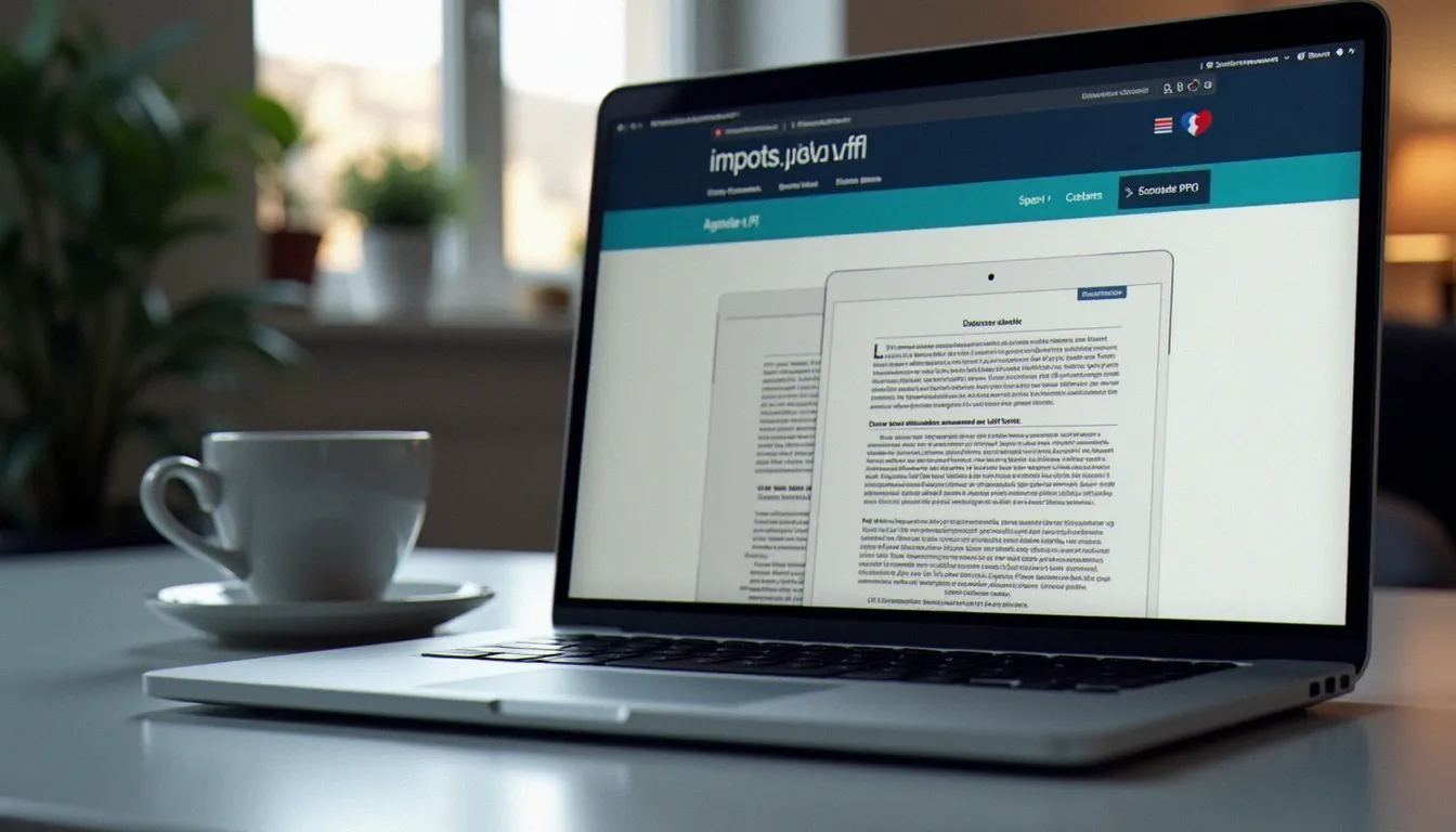 Ordinateur portable ouvert sur un bureau montrant un espace particulier de site gouvernemental avec un document PDF téléchargé, cadre de bureau à domicile lumineux et ordonné