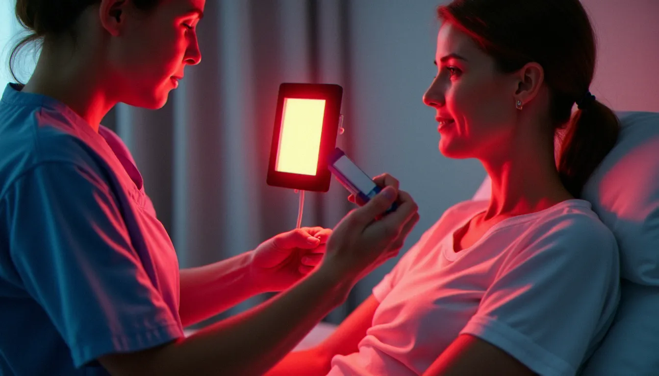 Patient en oncologie recevant une séance de photo bio modulation dans un service de soins de support, ambiance lumineuse apaisante