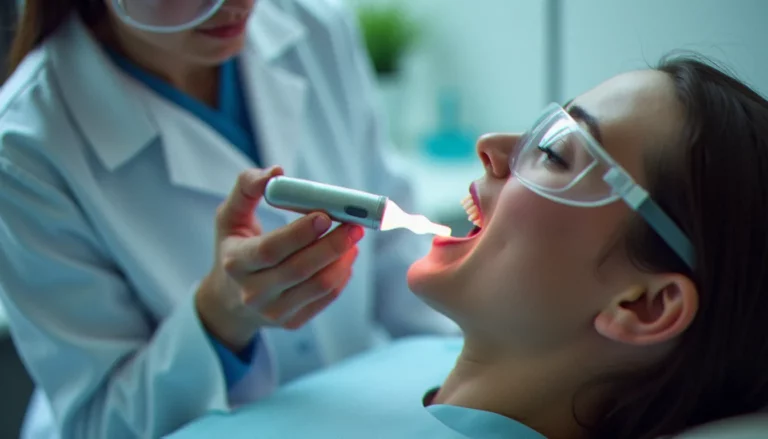 Séance de photo bio modulation buccale dans un environnement clinique, illustrant la thérapie lumineuse utilisée en contexte cancer