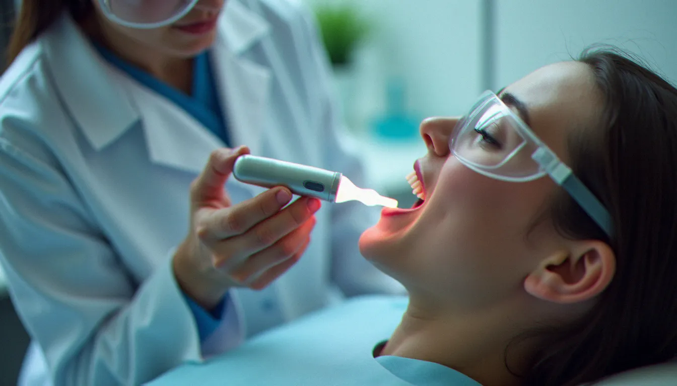 Séance de photo bio modulation buccale dans un environnement clinique, illustrant la thérapie lumineuse utilisée en contexte cancer