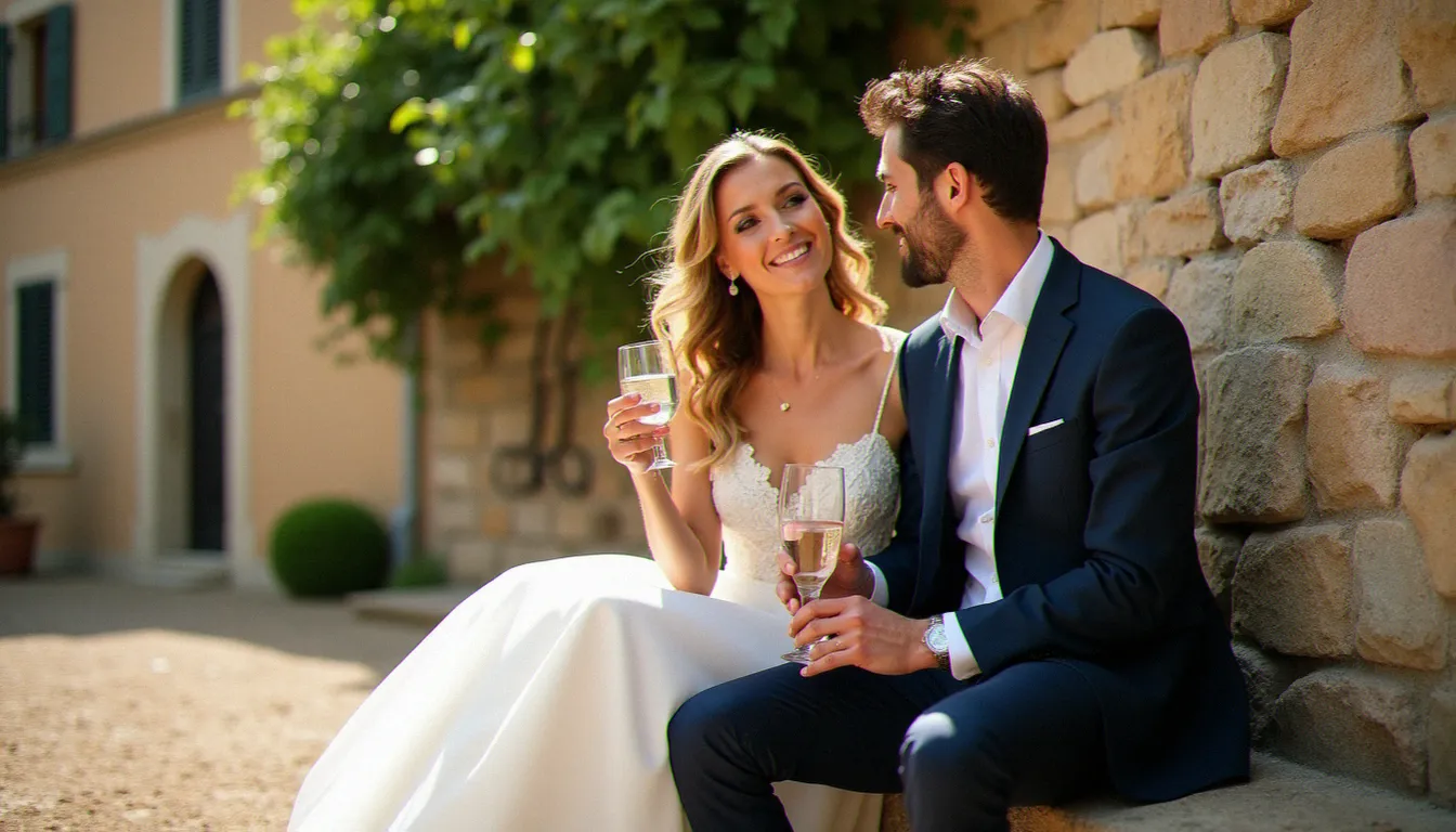 Couple de mariés faisant une pause hydratation à l'ombre lors d'une séance photo en extérieur, partageant un fou rire avec un verre d'eau à la main
