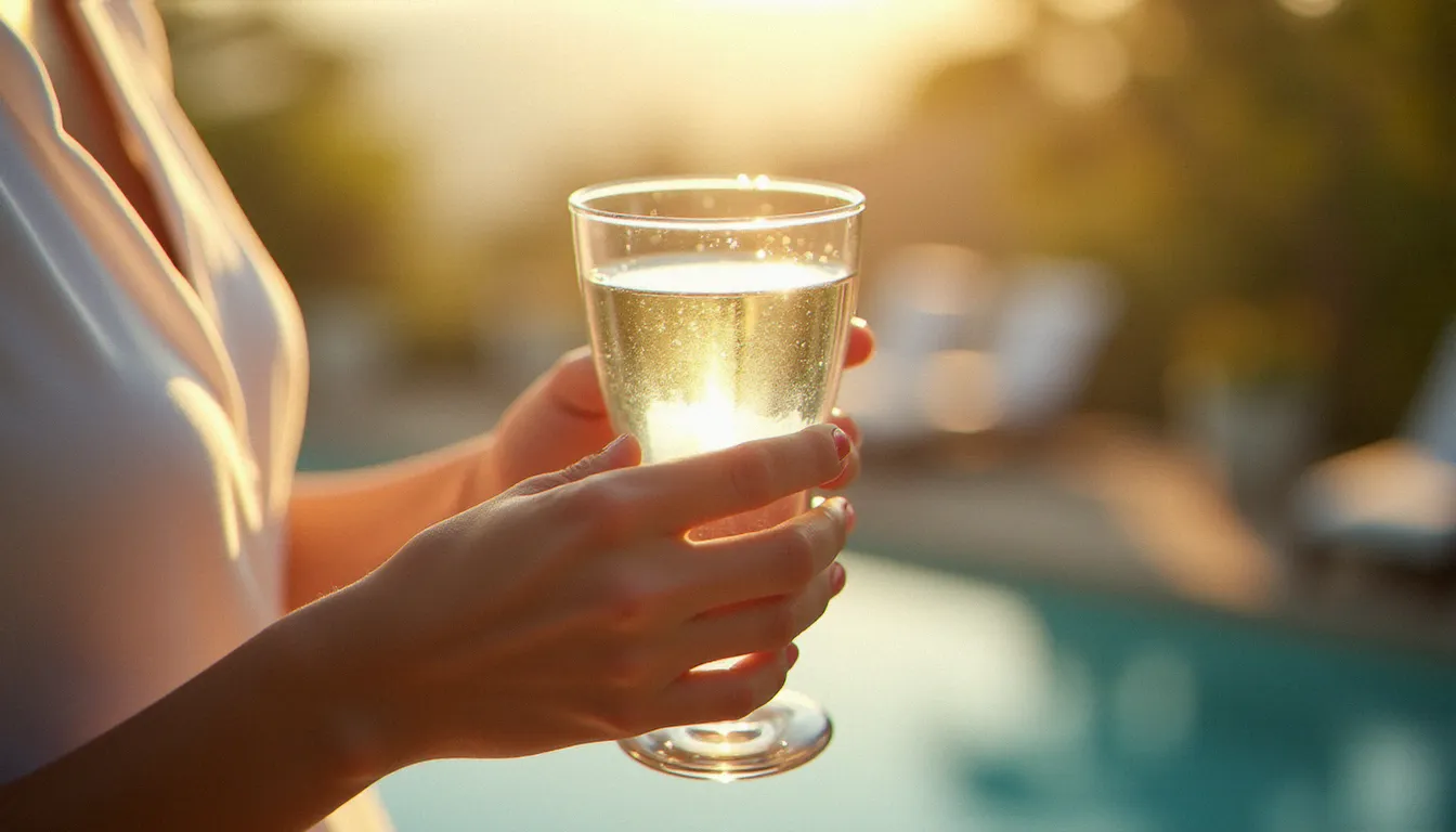 Gros plan sur un verre d'eau tenu par des mains de mariée, reflets lumineux dans le verre, fond flou de terrasse de réception de mariage