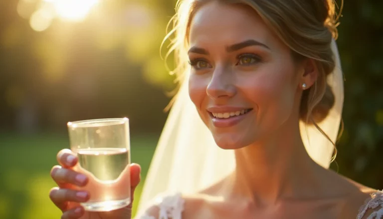 Photo d'une mariée qui s'apprête à boire de l'eau sous une lumière naturelle dorée, illustrant comment l'hydratation améliore l'éclat de la peau pour les photos de mariage