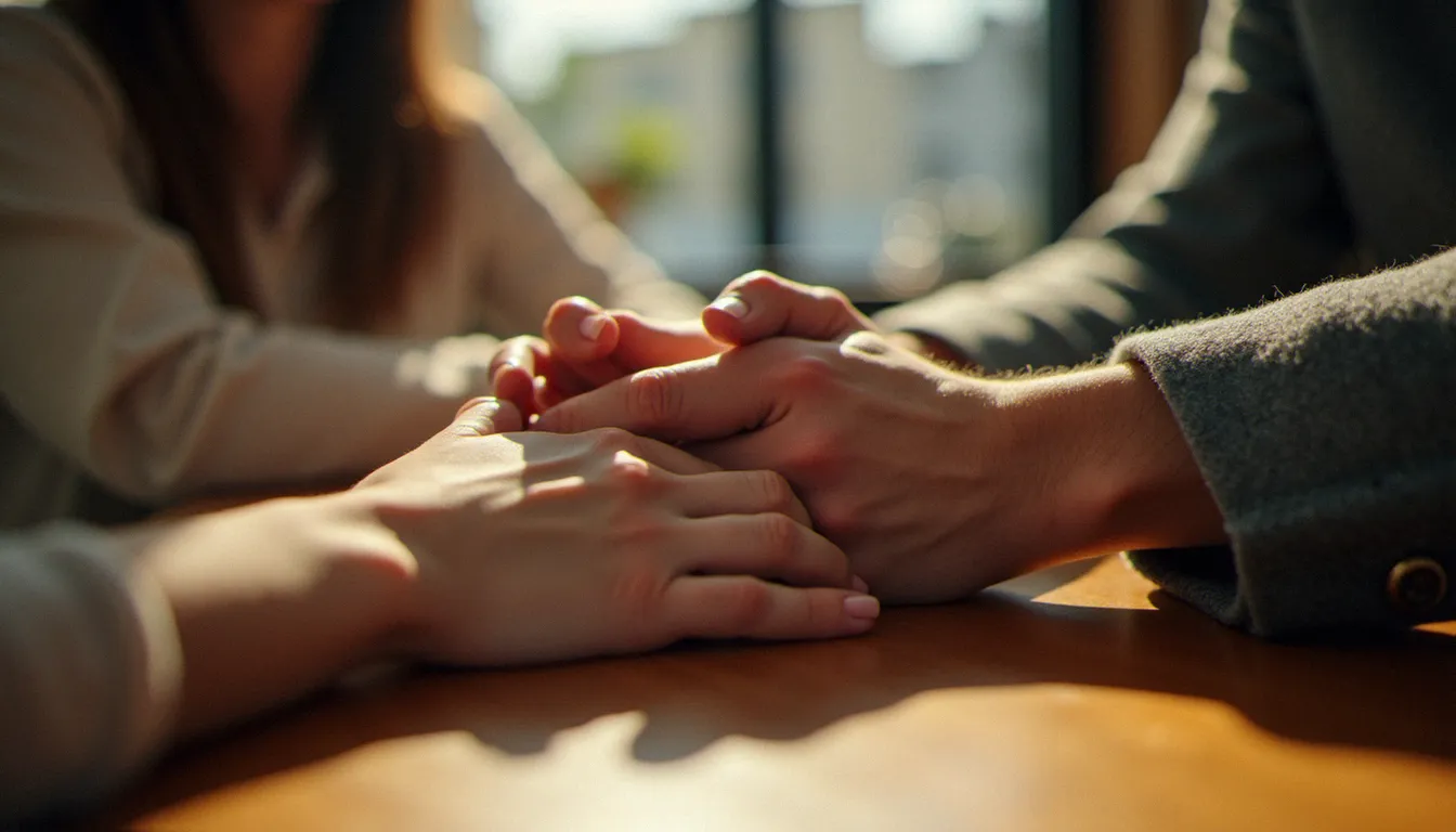 Mains entrelacées d'un couple posées sur une table de café, langage corporel révélateur d'une relation intime et complice