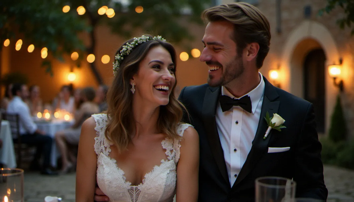 Couple de mariés riant spontanément lors de leur réception en Provence, image documentaire non posée illustrant l'authenticité des photos de mariage à Lyon