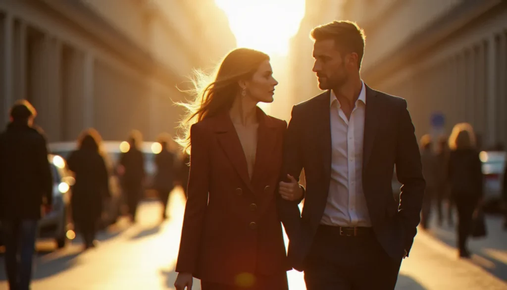 photo de clemence la compagne de patrick bruel featured Photo d'un couple discret marchant dans une rue ensoleillée, évoquant les clichés authentiques de Clémence la compagne de Patrick Bruel
