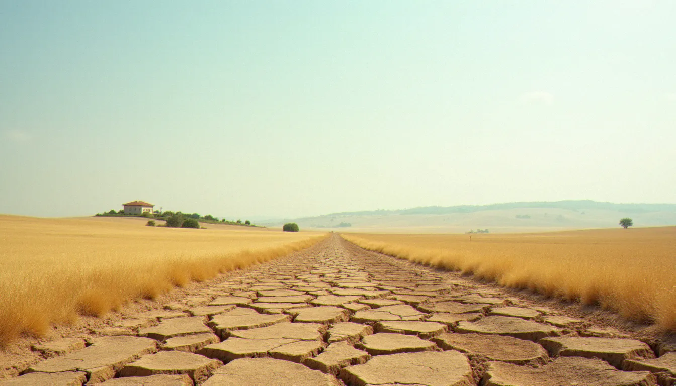 Paysage agricole français photographié pendant une canicule avec champs brûlés et terre craquelée dans une région du sud de la France
