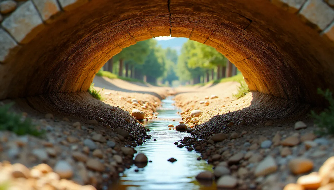 Pont en pierre sur une rivière française presque asséchée après une canicule, bancs de sable et galets exposés visibles sous les arches