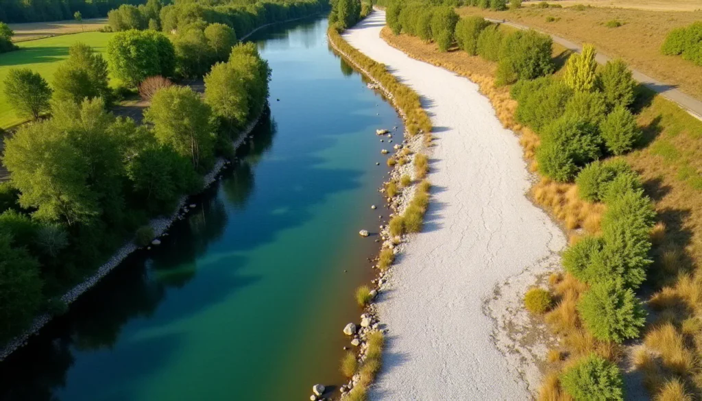 photo france avant apres canicule featured Photo comparative de la France avant et après canicule montrant un cours d'eau verdoyant au printemps face à un lit presque asséché en plein été
