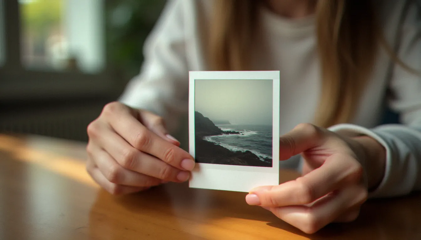 Mains tenant une photo Polaroid d'un paysage côtier, illustrant la composition et le cadrage photographique enseignés dans Life is Strange