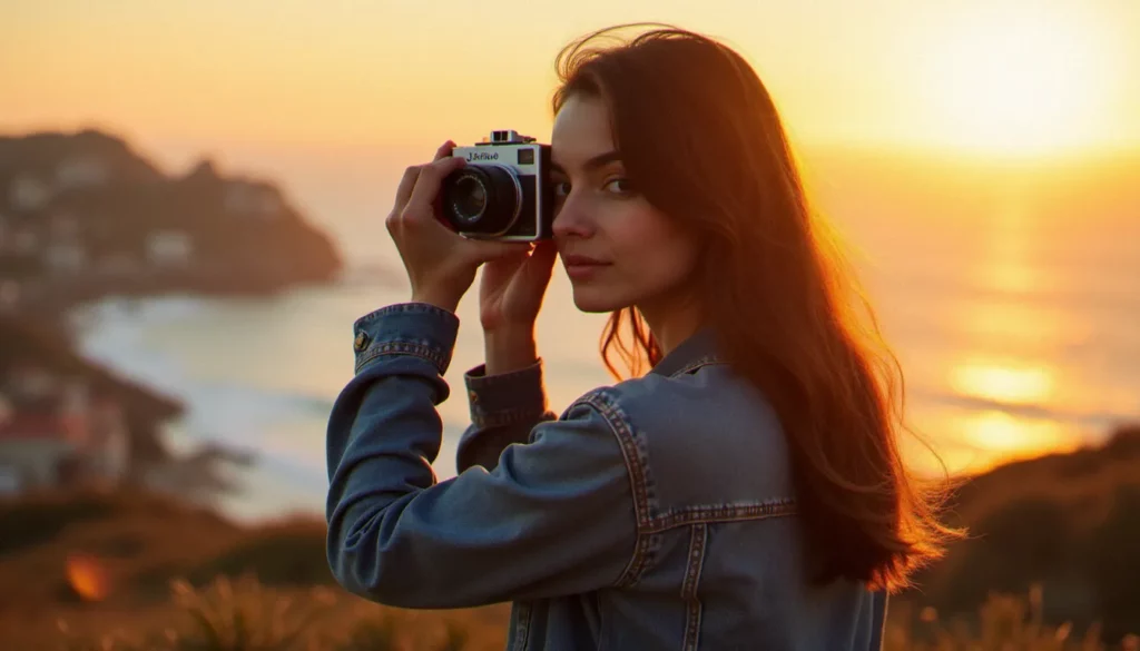 photo guide life is strange featured Étudiante en photographie capturant une scène au coucher de soleil avec un Polaroid, illustration du photo guide Life is Strange