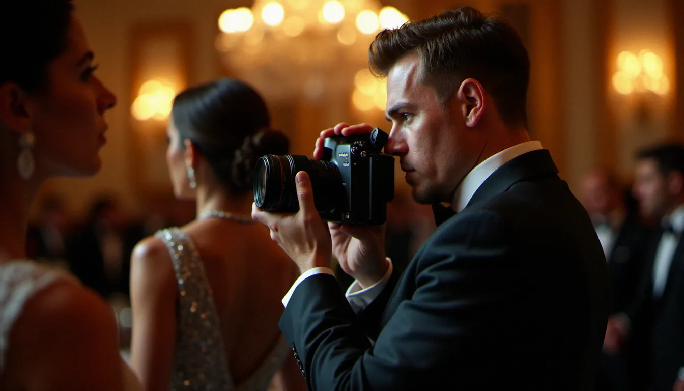 Un photographe professionnel capturant discrètement des moments spontanés lors d'un événement, illustrant l'art de saisir l'instant décisif