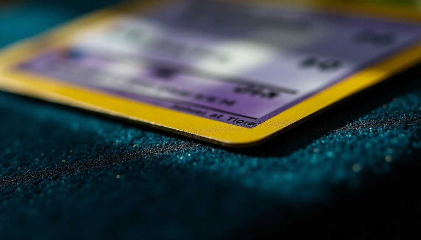Gros plan sur le coin d'une carte Pokémon sous lumière rasante pour évaluer l'état avant estimation du prix