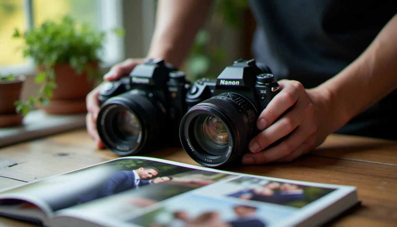 Matériel photographique professionnel posé sur une table avec un album mariage imprimé, illustrant l'équipement inclus dans une formule photo prix star