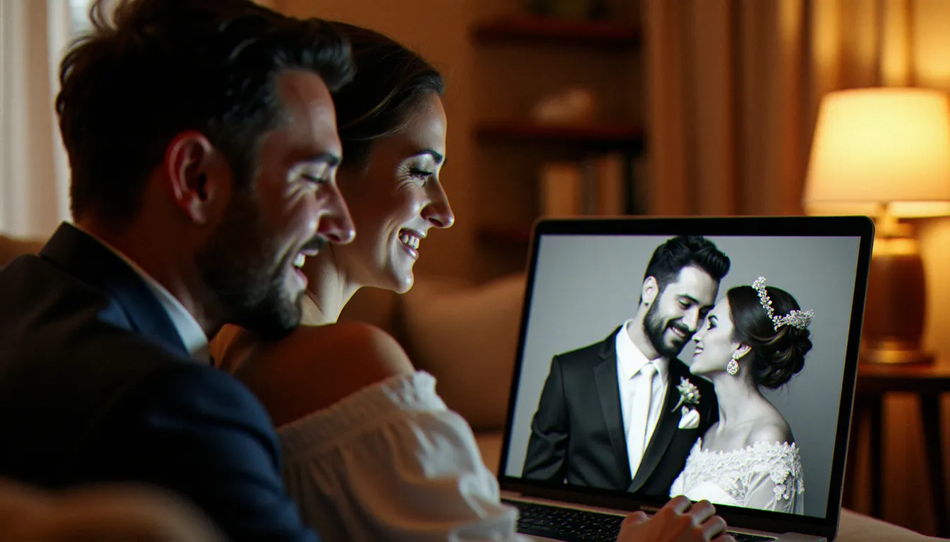 Couple de mariés découvrant leur galerie photos livrée sur ordinateur, illustrant la remise des clichés dans une prestation photo prix star de mariage