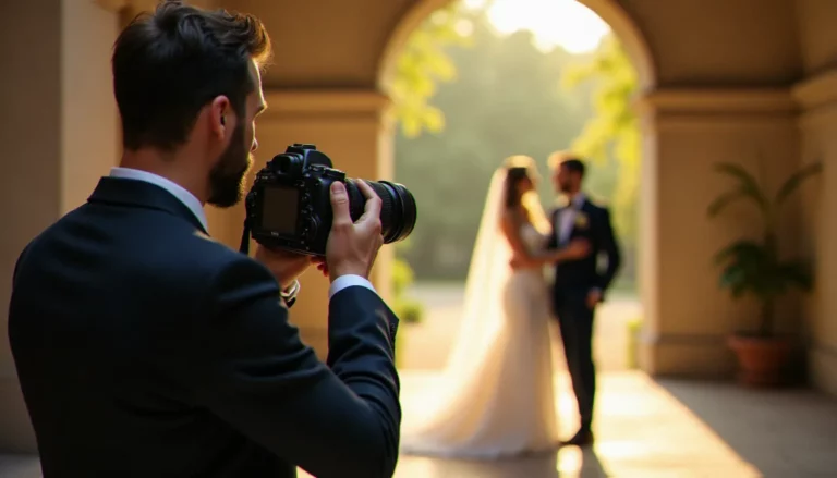 Photographe de mariage professionnel capturant un moment intime d'un couple lors d'une photo prix star dans un domaine lyonnais en lumière dorée