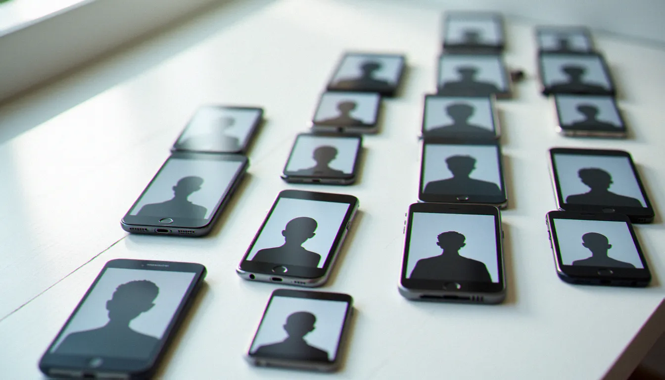 Plusieurs téléphones affichant des écrans de réseaux sociaux avec des profils sans photo versus des profils avec portrait personnel, illustrant l'impact d'une photo sans photo de profil